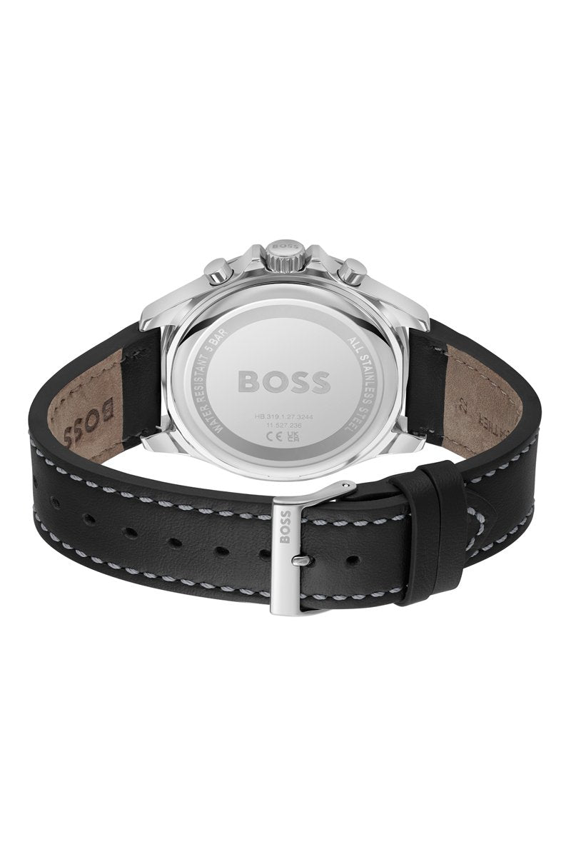 Relógio de quartzo em couro - Cronógrafo - Preto e prateado